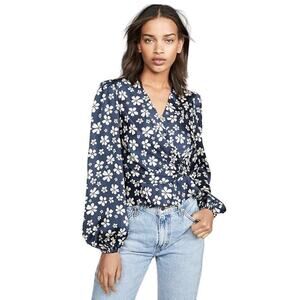 Jill Jill Stuart Marianne Top Floral Balloon Sleeve Peplum Wrap Blouse Blue 0